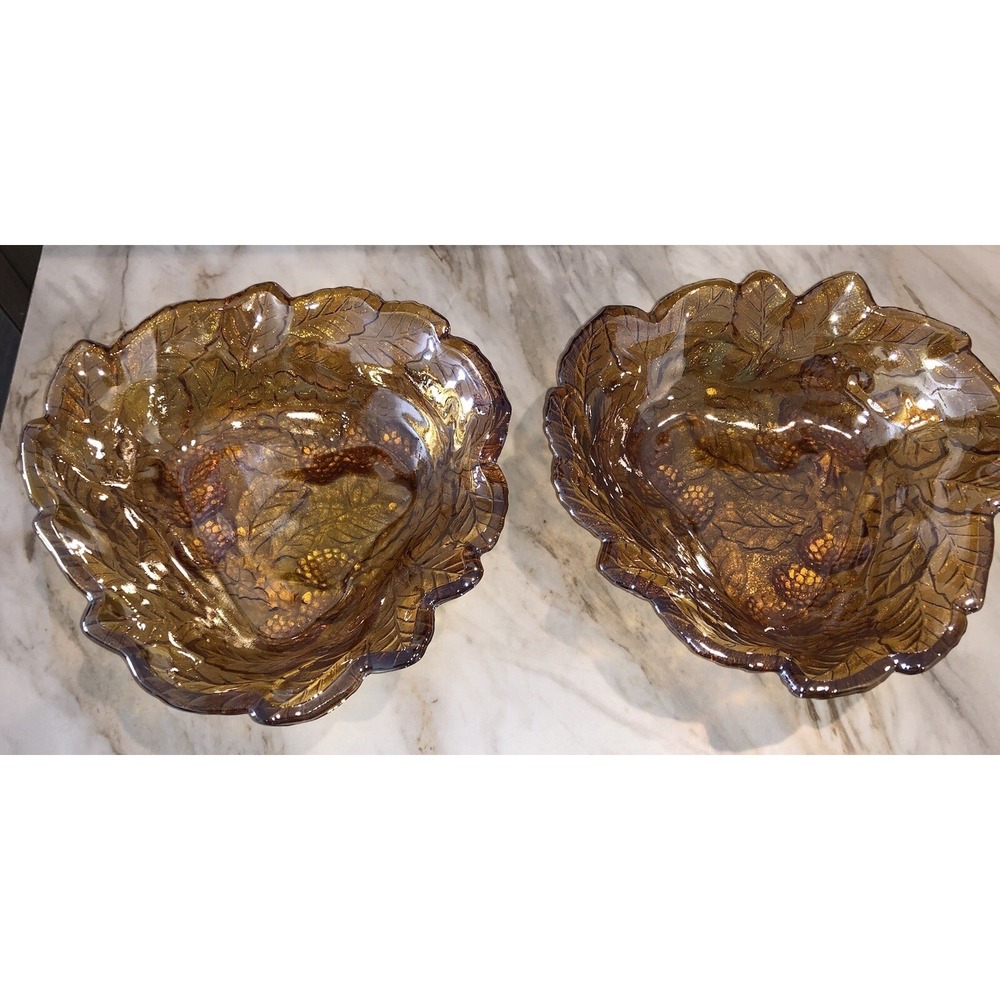 VTG 2 Amber Indiana Glass Loganberry‎ Blackberry Leaves Candy Dish Bowl Carnival